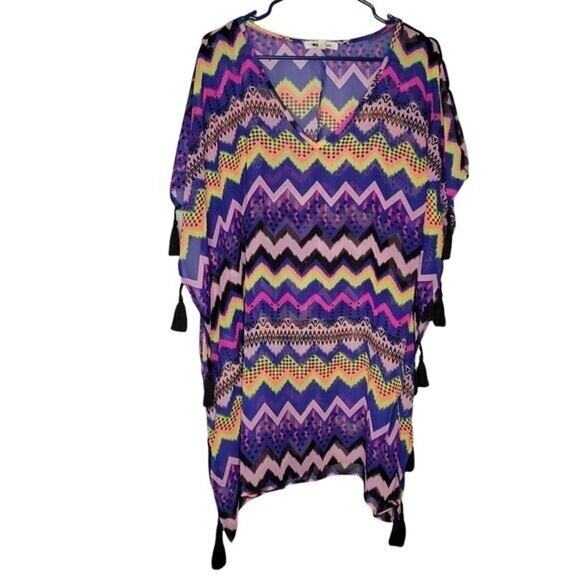 Miken Swim Multicolor Chevron Printed Tassel Side Pullover Swim Coverup Women Lg - Picture 1 of 7